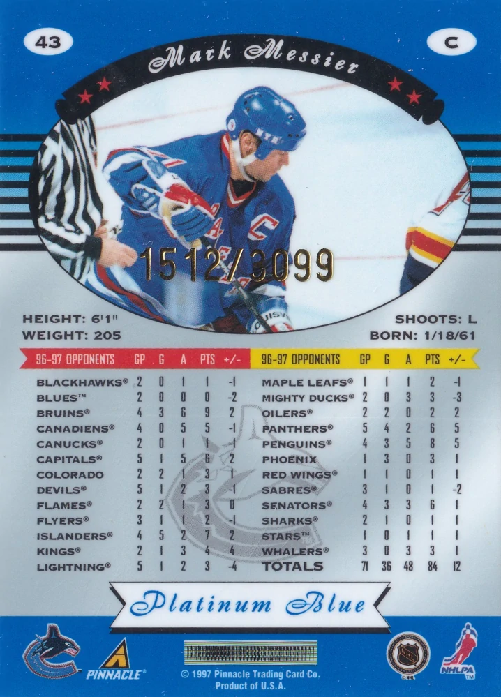 1997-98 Pinnacle Totally Certified - Mark Messier - Platinum Blue /3099 #43