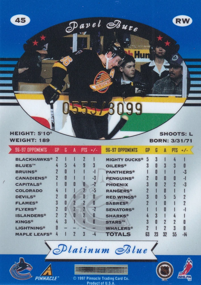 1997-98 Pinnacle Totally Certified - Pavel Bure - Platinum Blue /3099 #45