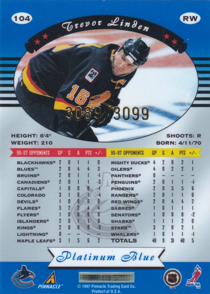 1997-98 Pinnacle Totally Certified - Trevor Linden - Platinum Blue /3099 #104