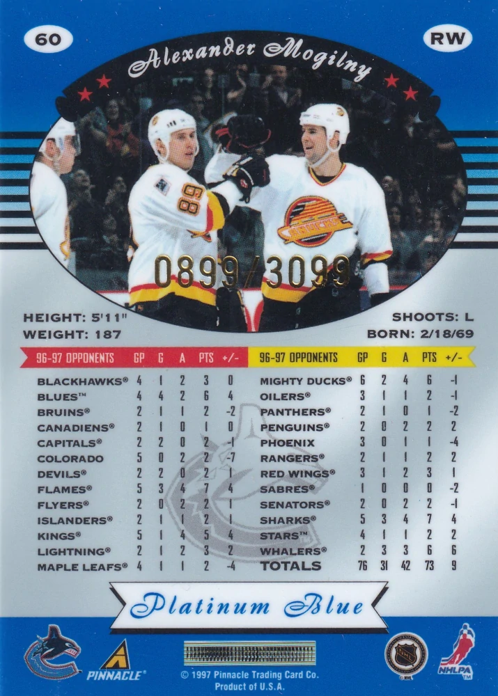1997-98 Pinnacle Totally Certified - Alexander Mogilny - Platinum Blue /3099 #60