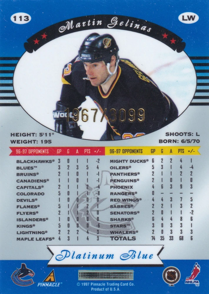 1997-98 Pinnacle Totally Certified - Martin Gelinas - Platinum Blue /3099 #113