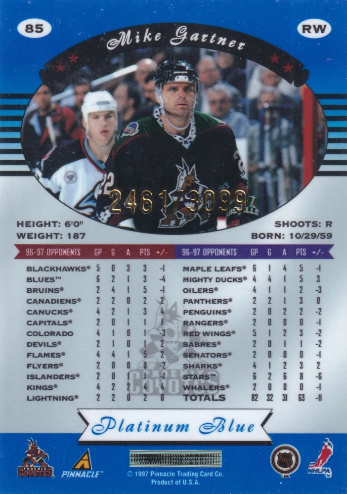 1997-98 Pinnacle Totally Certified - Mike Gartner - Platinum Blue /3099 #85