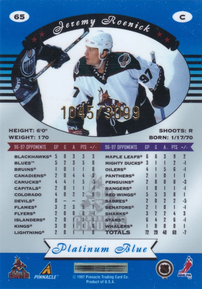 1997-98 Pinnacle Totally Certified - Jeremy Roenick - Platinum Blue /3099 #65