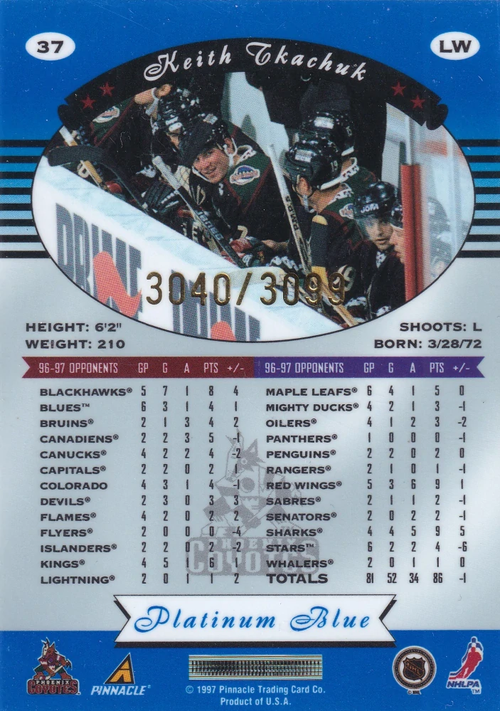 1997-98 Pinnacle Totally Certified - Keith Tkachuk - Platinum Blue /3099 #37