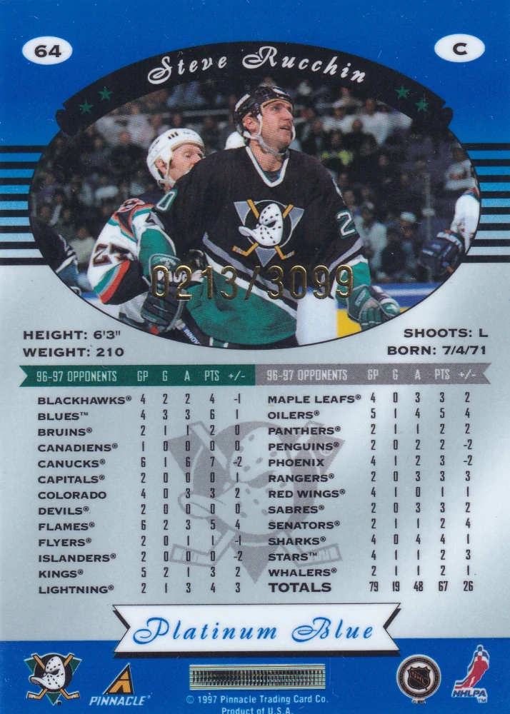1997-98 Pinnacle Totally Certified - Steve Rucchin - Platinum Blue /3099 #64