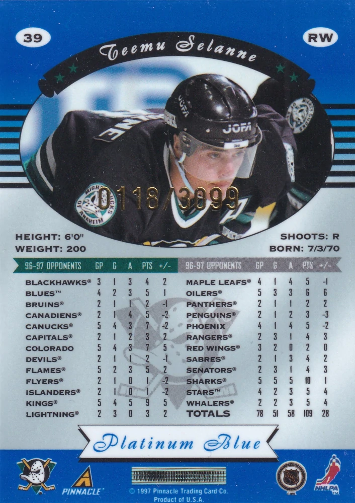 1997-98 Pinnacle Totally Certified - Teemu Selanne - Platinum Blue /3099 #39