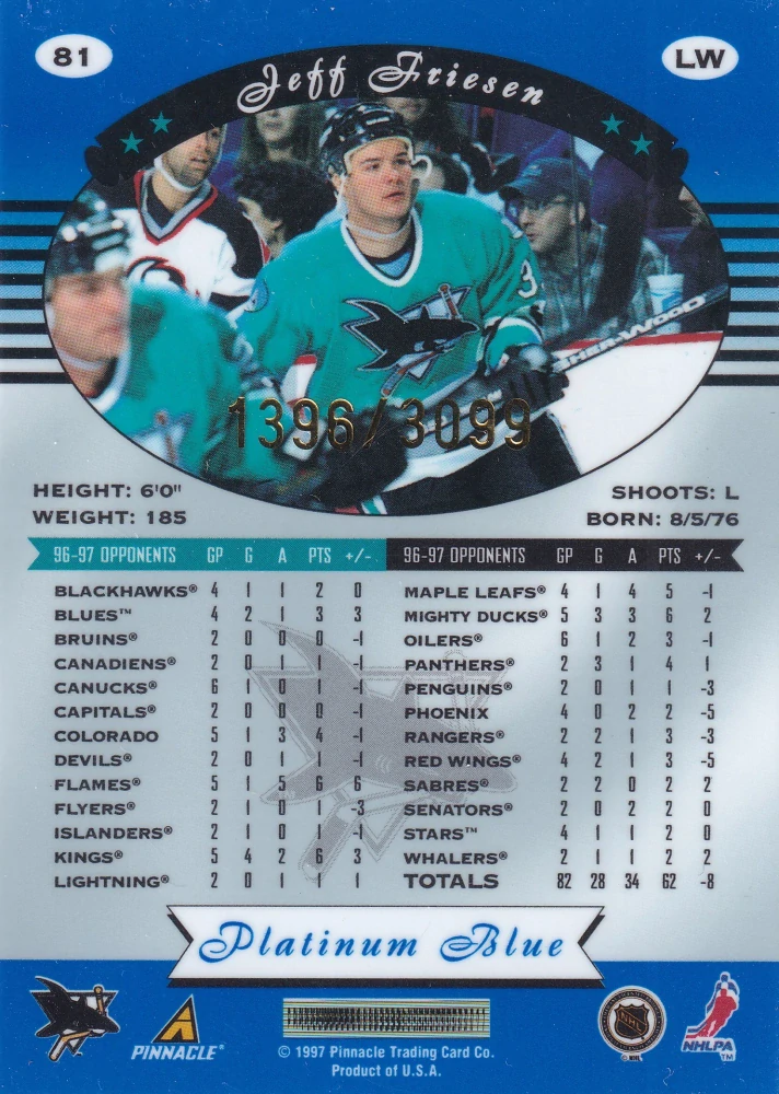 1997-98 Pinnacle Totally Certified - Jeff Friesen - Platinum Blue /3099 #81