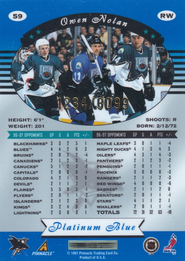 1997-98 Pinnacle Totally Certified - Owen Nolan - Platinum Blue /3099 #59
