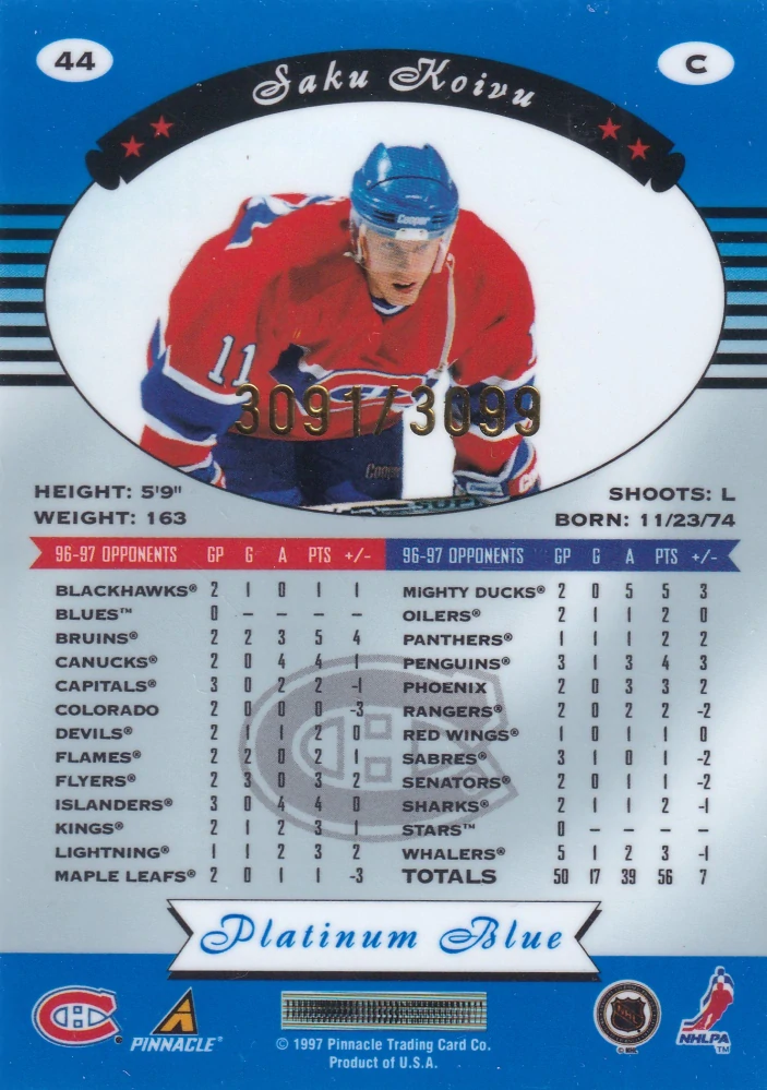 1997-98 Pinnacle Totally Certified - Saku Koivu - Platinum Blue /3099 #44