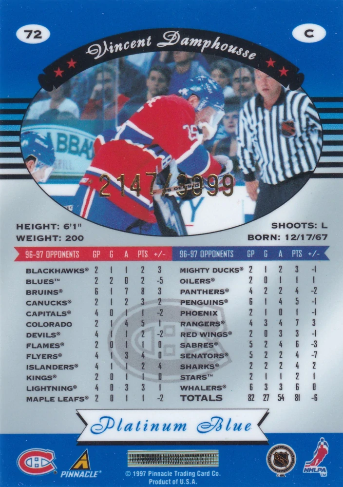 1997-98 Pinnacle Totally Certified - Vincent Damhousse - Platinum Blue /3099 #72