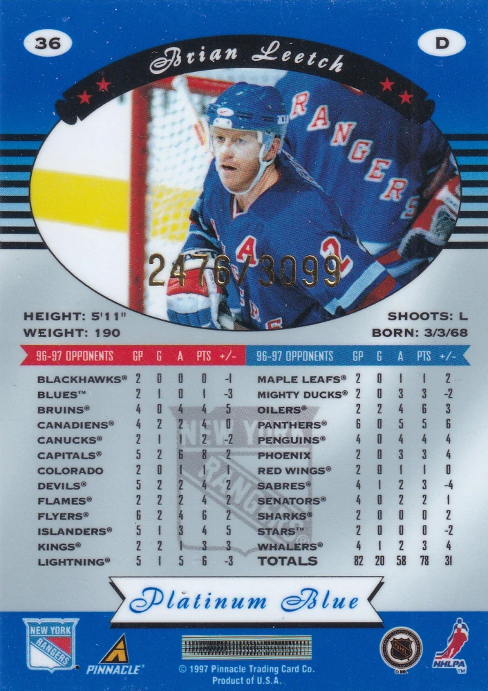 1997-98 Pinnacle Totally Certified - Brian Leetch - Platinum Blue /3099 #36