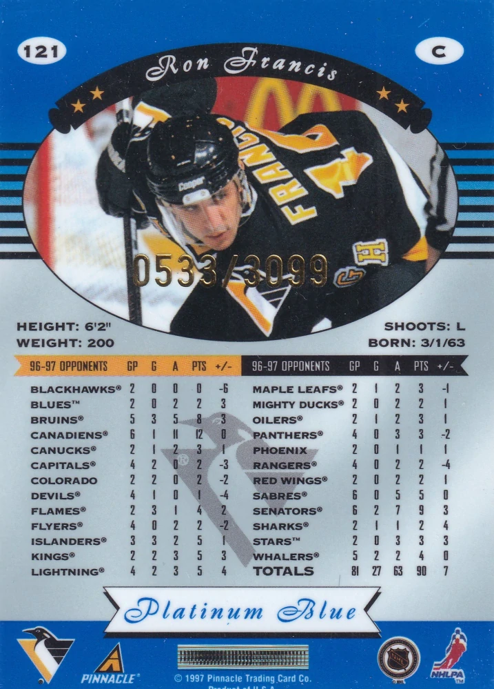 1997-98 Pinnacle Totally Certified - Ron Francis - Platinum Blue /3099 #121