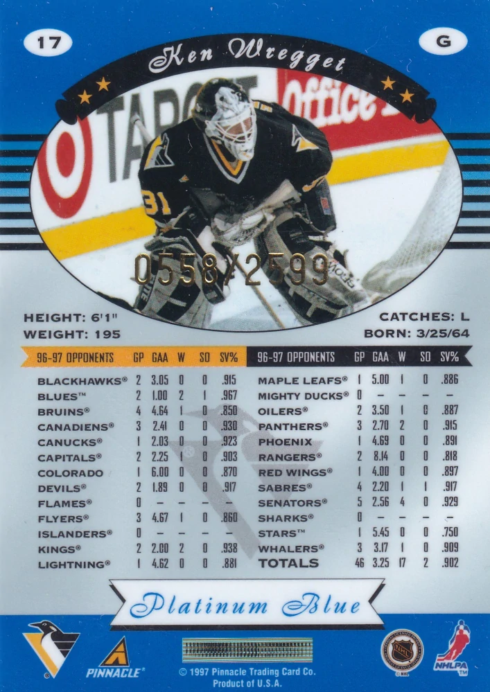 1997-98 Pinnacle Totally Certified - Ken Wregget - Platinum Blue /2599 #17