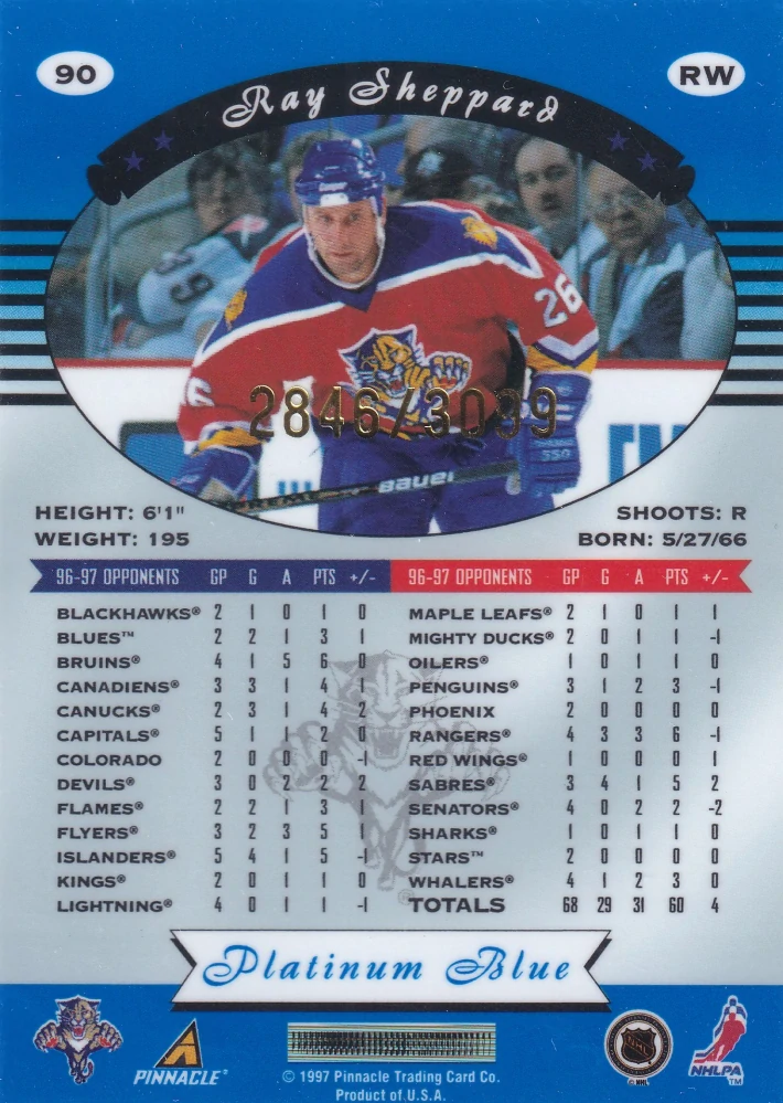 1997-98 Pinnacle Totally Certified - Ray Sheppard - Platinum Blue /3099 #90