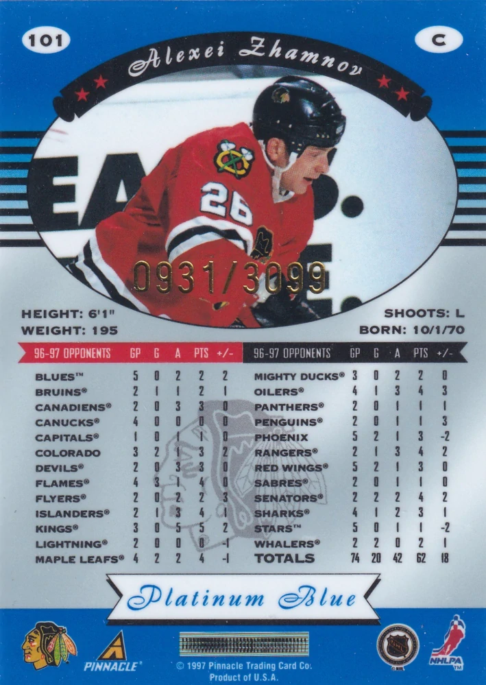 1997-98 Pinnacle Totally Certified - Alexei Zhamnov - Platinum Blue /3099 #101