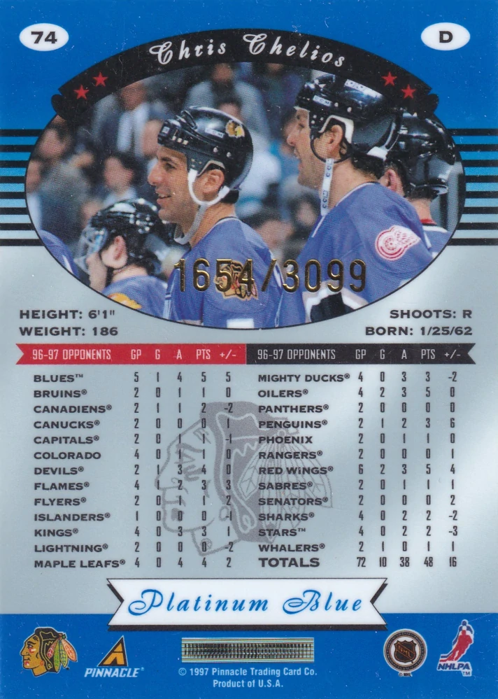 1997-98 Pinnacle Totally Certified - Chris Chelios - Platinum Blue /3099 #74