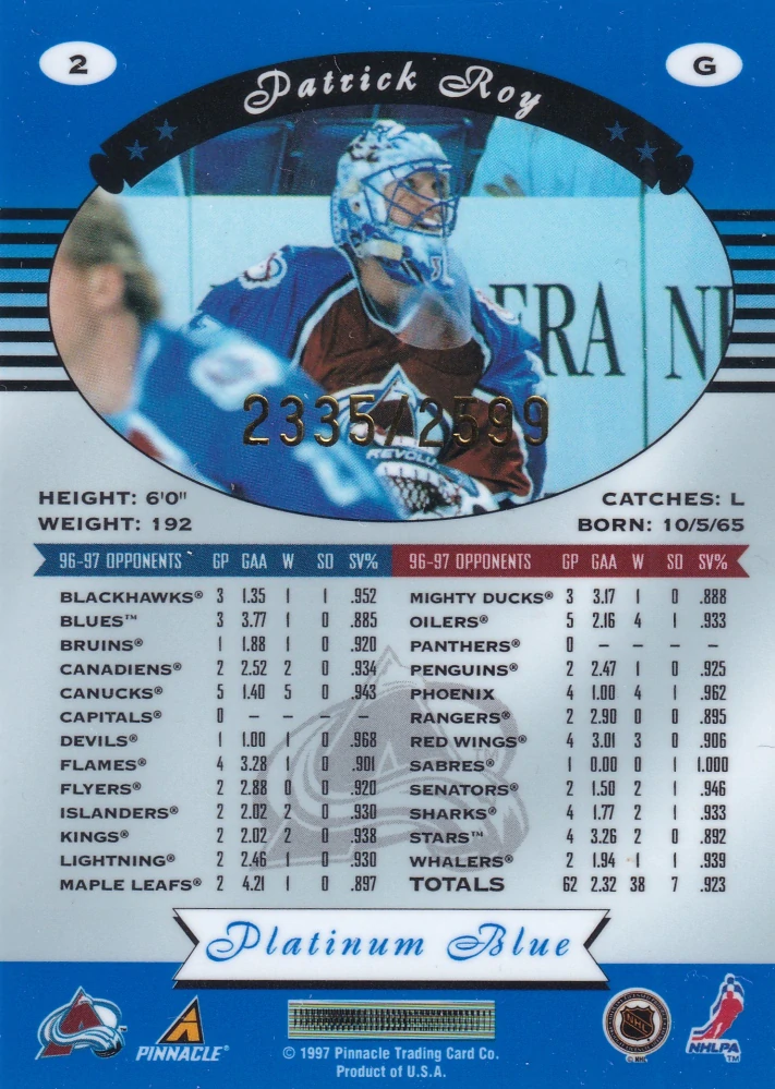 1997-98 Pinnacle Totally Certified - Patrick Roy - Platinum Blue /2599 #2