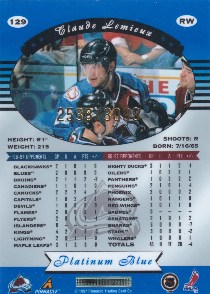 1997-98 Pinnacle Totally Certified - Claude Lemieux - Platinum Blue /3099 #129