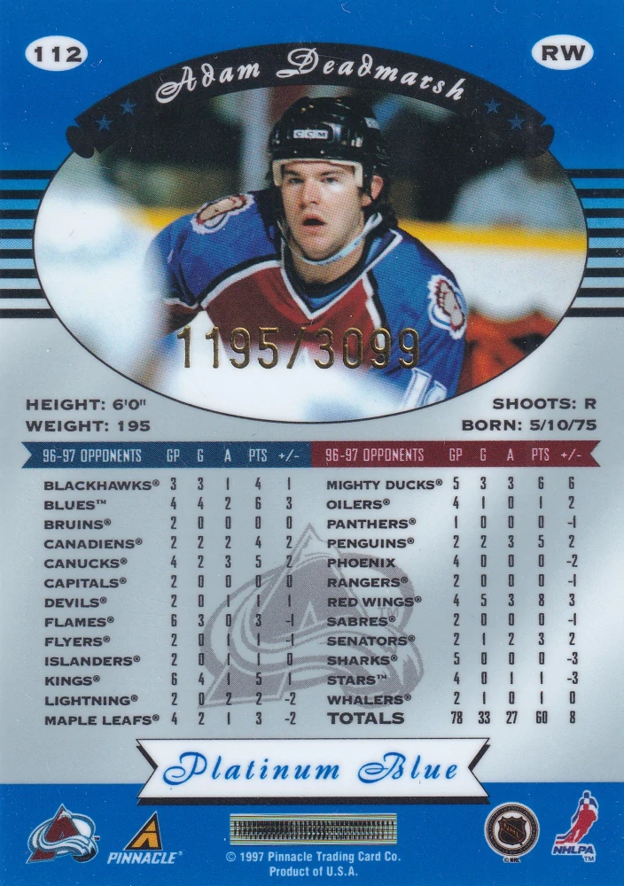 1997-98 Pinnacle Totally Certified - Adam Deadmarsh - Platinum Blue /3099 #112