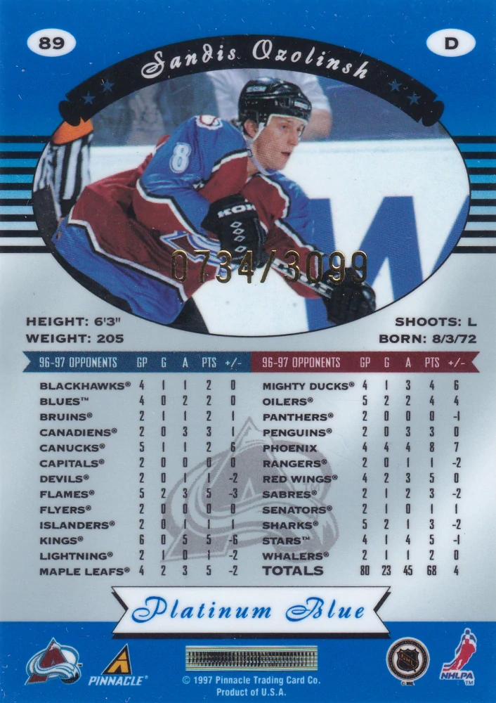1997-98 Pinnacle Totally Certified - Sandis Ozolinsh - Platinum Blue /3099 #89