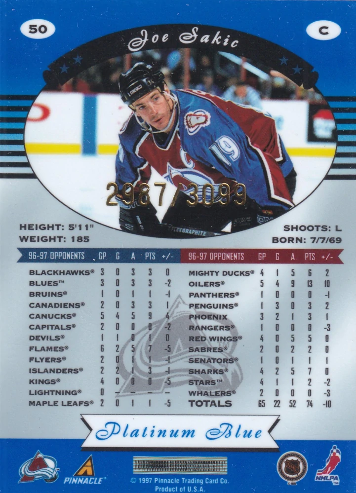 1997-98 Pinnacle Totally Certified - Joe Sakic - Platinum Blue /3099 #50