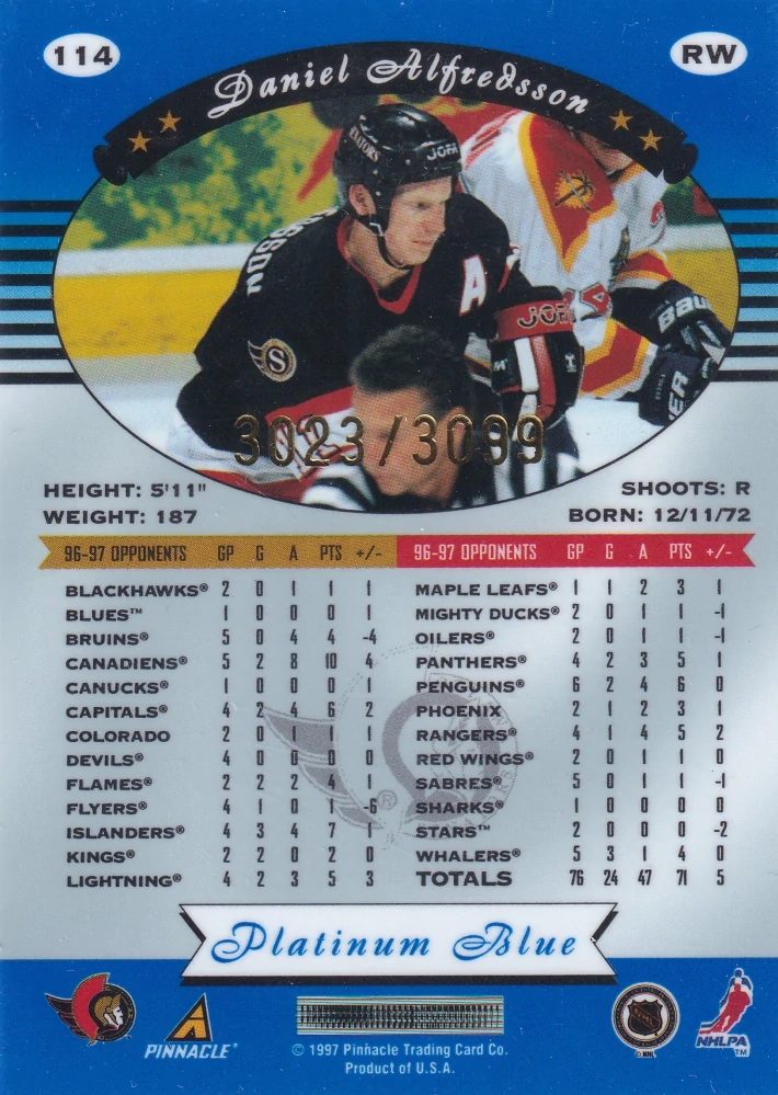 1997-98 Pinnacle Totally Certified - Daniel Alfredsson - Platinum Blue /3099 #114