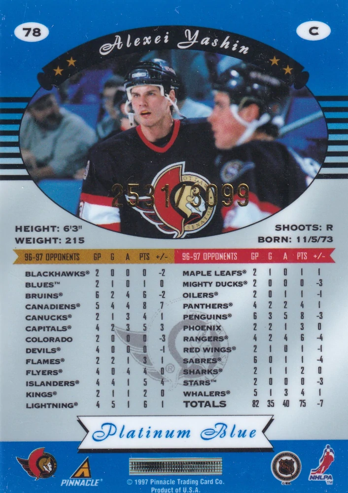 1997-98 Pinnacle Totally Certified - Alexei Yashin - Platinum Blue /3099 #78