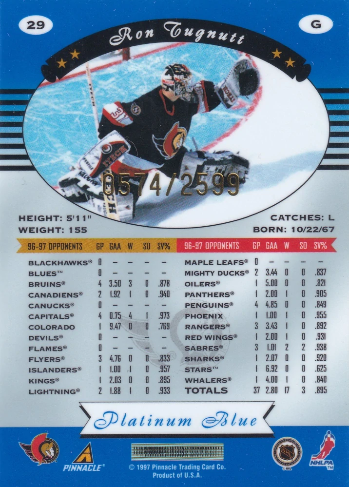 1997-98 Pinnacle Totally Certified - Ron Tugnutt - Platinum Blue /2599 #29