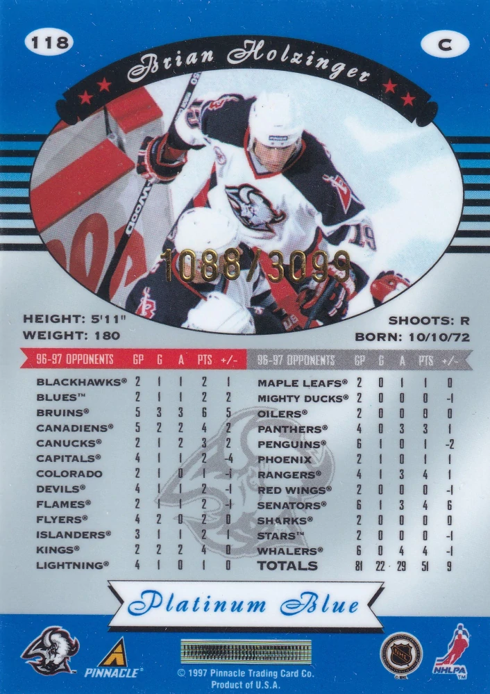 1997-98 Pinnacle Totally Certified - Brian Holzinger - Platinum Blue /3099 #118