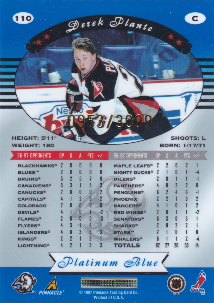 1997-98 Pinnacle Totally Certified - Derek Plante - Platinum Blue /3099 #110