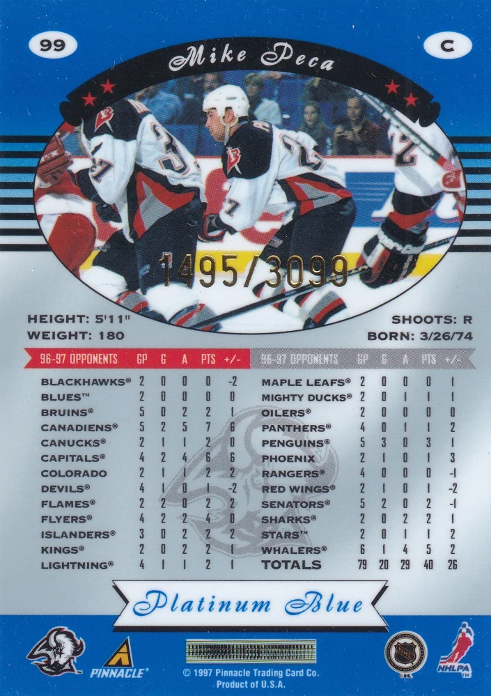 1997-98 Pinnacle Totally Certified - Mike Peca - Platinum Blue /3099 #99