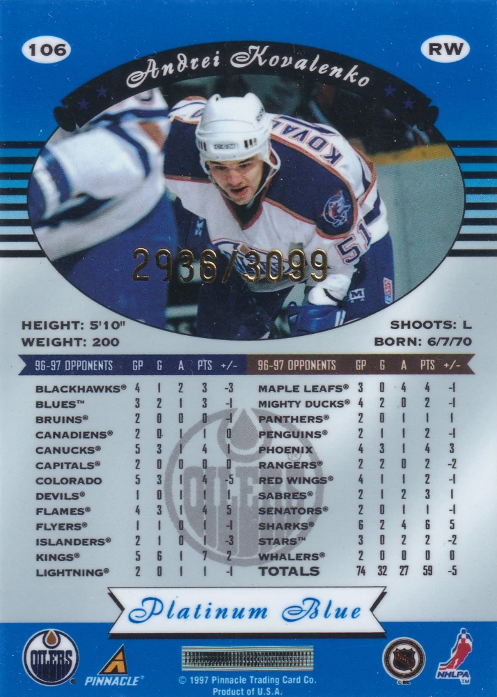 1997-98 Pinnacle Totally Certified - Andrei Kovalenko - Platinum Blue /3099 #106