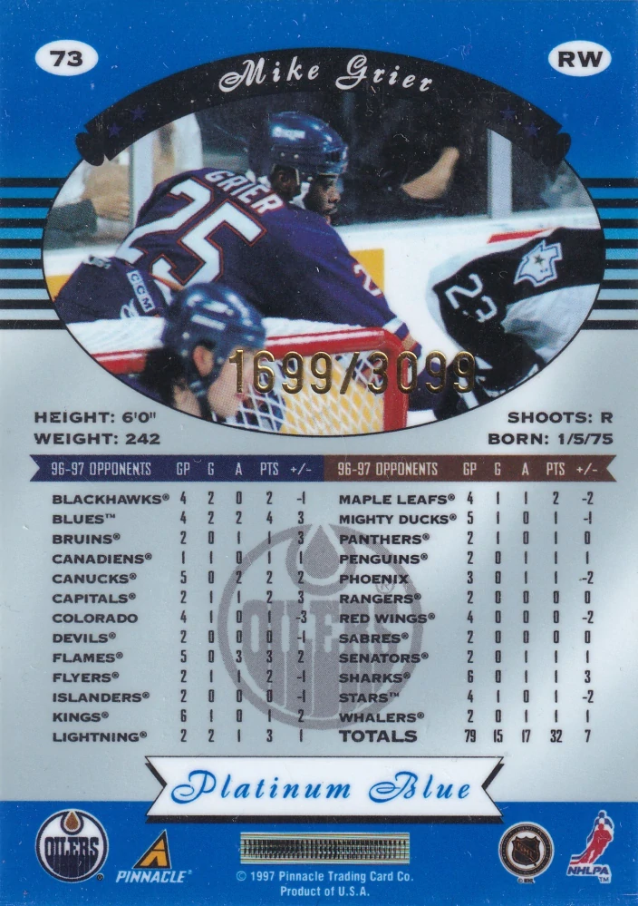 1997-98 Pinnacle Totally Certified - Mike Grier - Platinum Blue /3099 #73