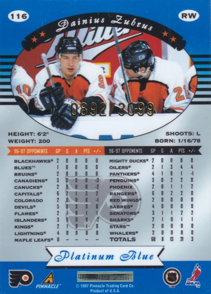 1997-98 Pinnacle Totally Certified - Dainius Zubrus - Platinum Blue /3099 #116
