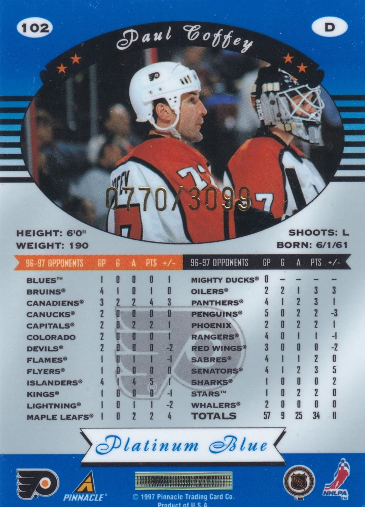 1997-98 Pinnacle Totally Certified - Paul Coffey - Platinum Blue /3099 #102