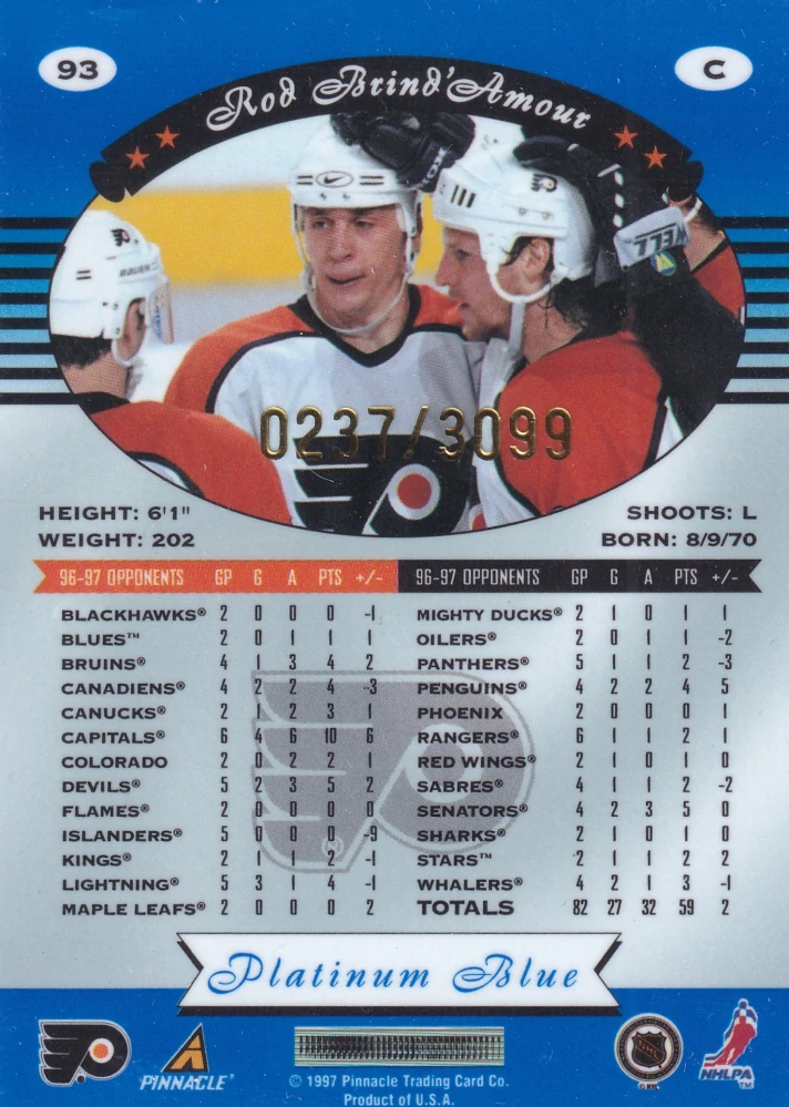 1997-98 Pinnacle Totally Certified - Rod Brind'Amour - Platinum Blue /3099 #93