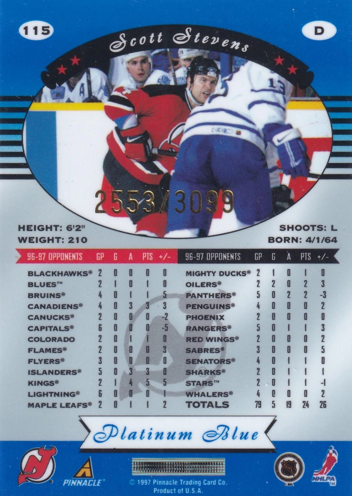 1997-98 Pinnacle Totally Certified - Scott Stevens - Platinum Blue /3099 #115