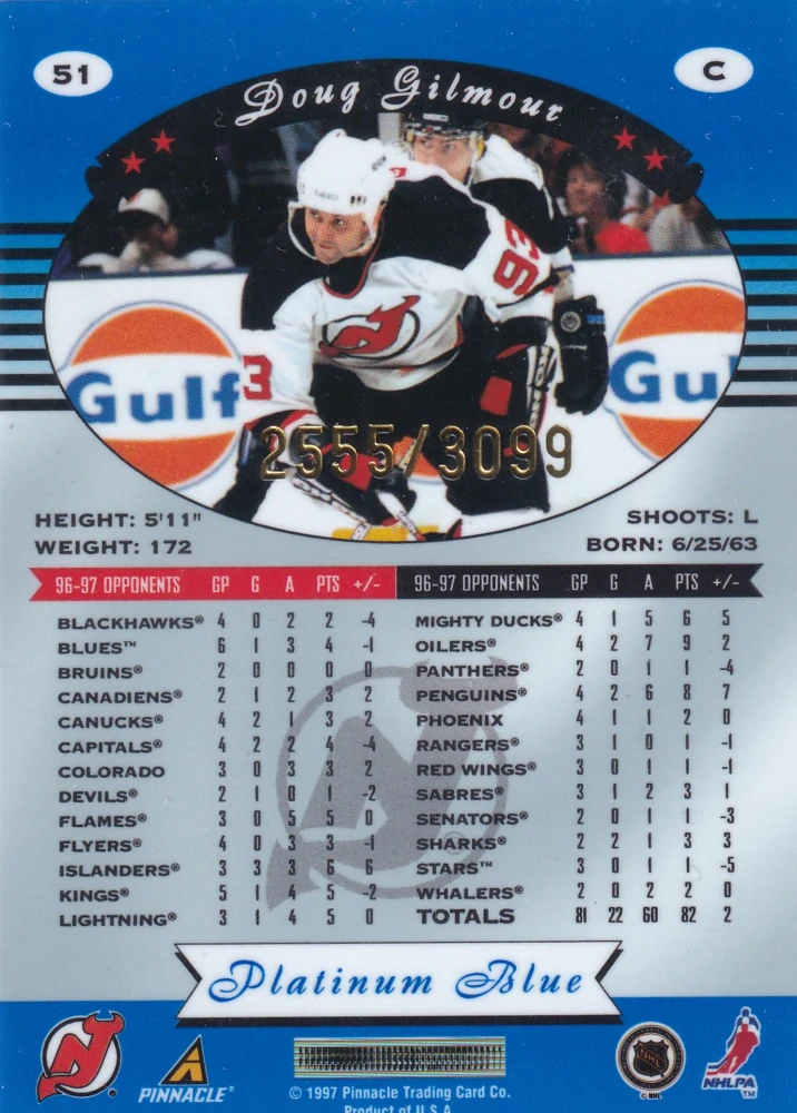 1997-98 Pinnacle Totally Certified - Doug Gilmour - Platinum Blue /3099 #51