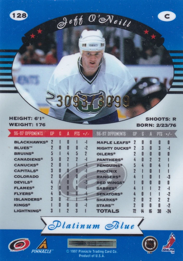1997-98 Pinnacle Totally Certified - Jeff O'Neill - Platinum Blue /3099 #128