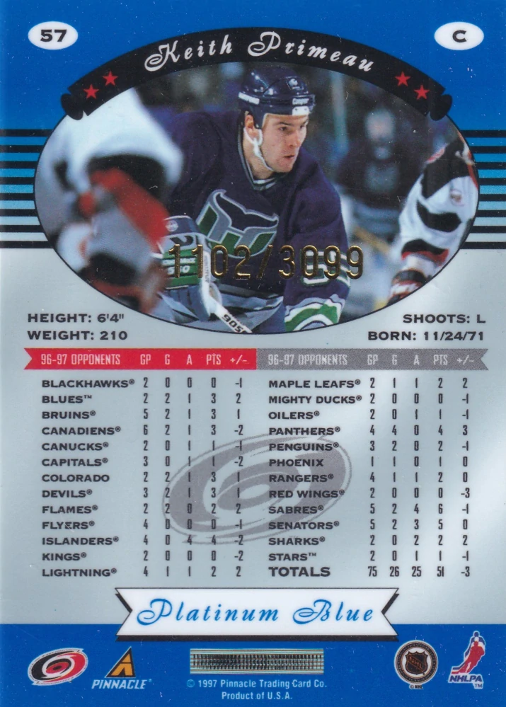 1997-98 Pinnacle Totally Certified - Keith Primeau - Platinum Blue /3099 #57