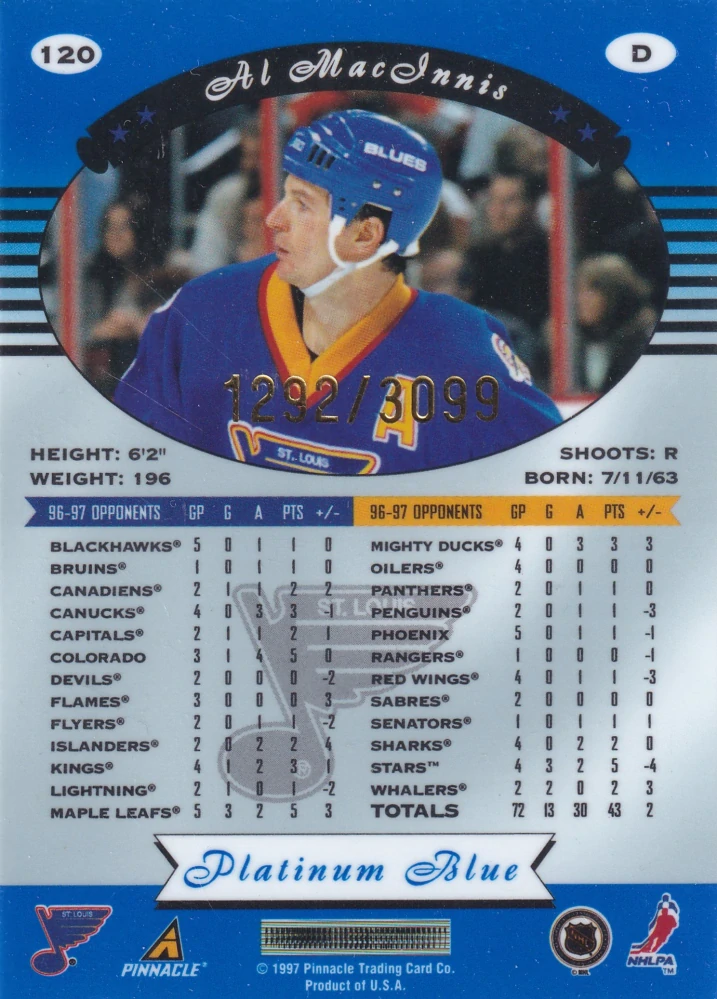 1997-98 Pinnacle Totally Certified - Al MacInnis - Platinum Blue /3099 #120