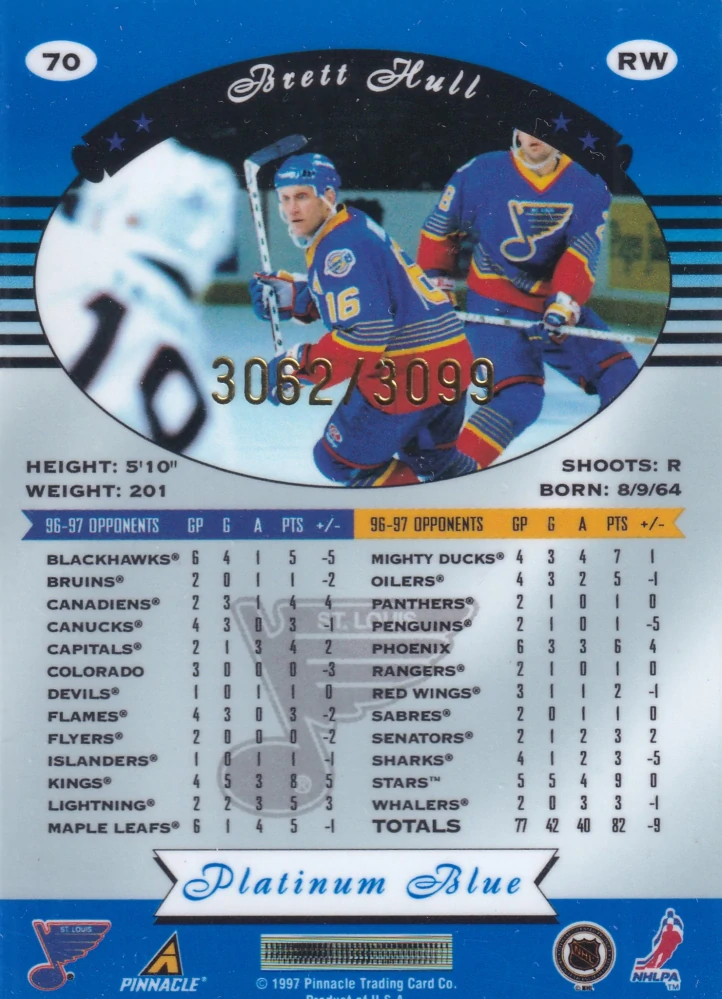 1997-98 Pinnacle Totally Certified - Brett Hull - Platinum Blue /3099 #70