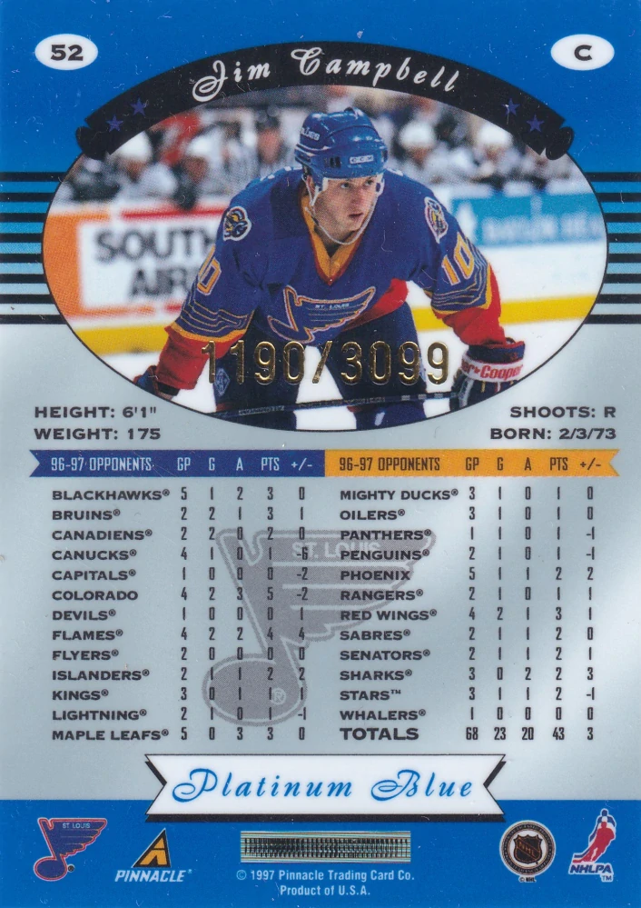 1997-98 Pinnacle Totally Certified - Jim Campbell - Platinum Blue /3099 #52