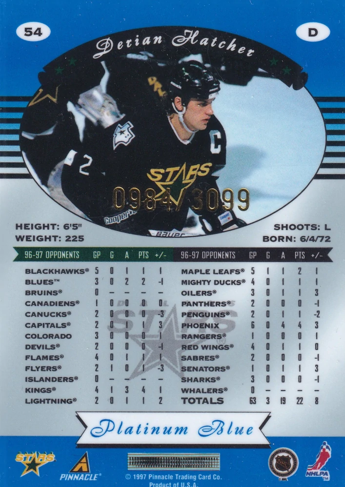 1997-98 Pinnacle Totally Certified - Derian Hatcher - Platinum Blue /3099 #54