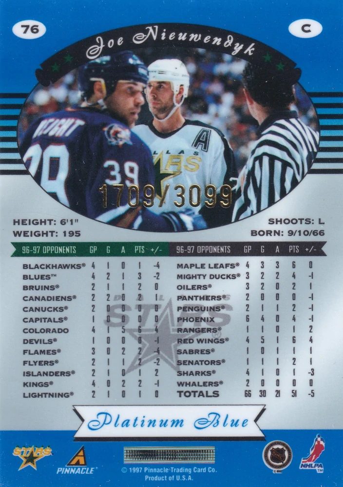 1997-98 Pinnacle Totally Certified - Joe Nieuwendyk - Platinum Blue /3099 #76