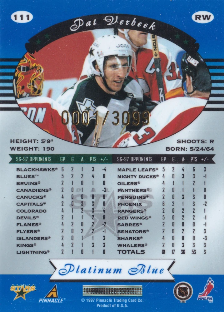 1997-98 Pinnacle Totally Certified - Pat Verbeek - Platinum Blue /3099 #111