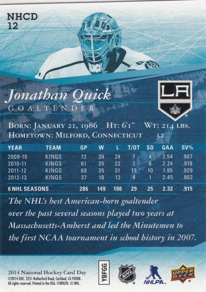 2013-14 UD National Hockey Card Day - Jonathan Quick - American #NHCD 12