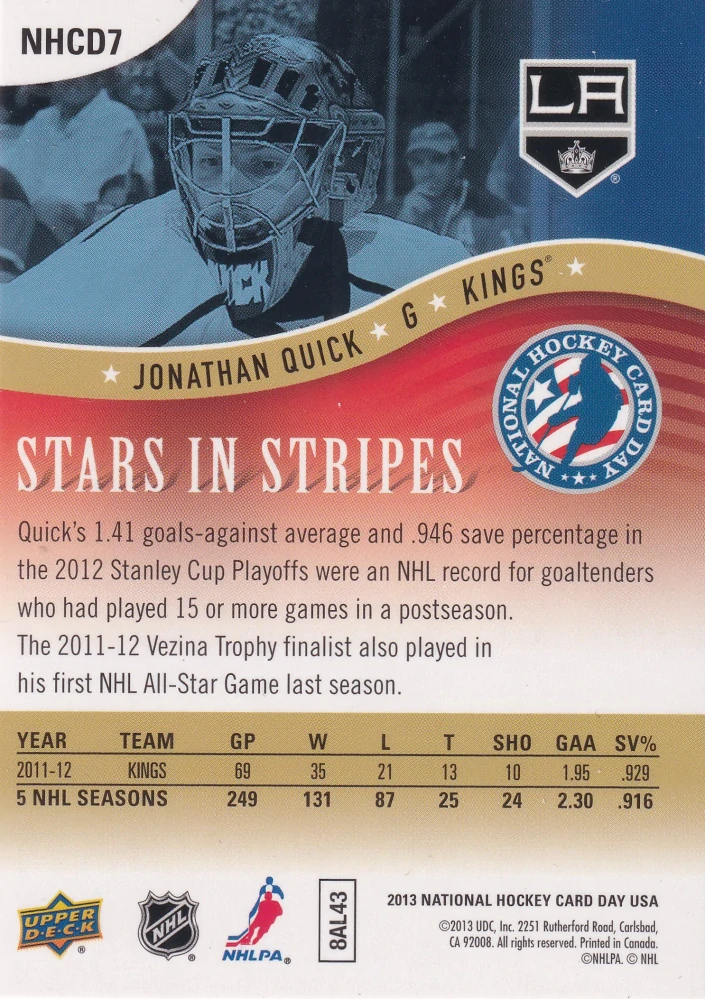 2013 UD National Hockey Card Day - Jonathan Quick - America's Franchises #NHCD7