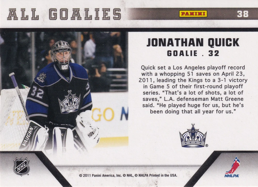 2011 Panini All Goalies - Jonathan Quick #38