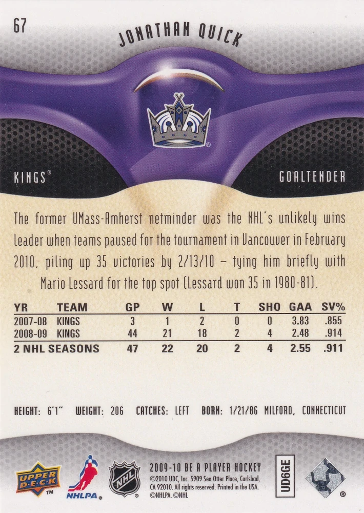 2009-10 UD Be a Player - Jonathan Quick #67
